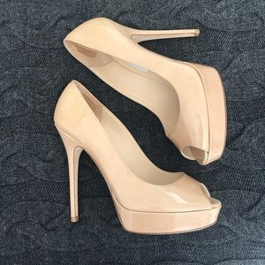 Jimmy Choo Nude Patent Peep Toe Platform Pump